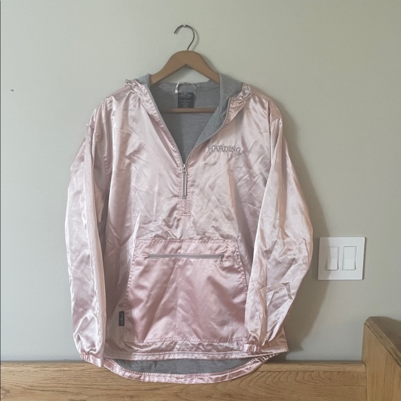 Charles River Metallic Pink Shiny Quarter Zip Windbreaker Hooded Jacket Size L - Picture 1 of 5